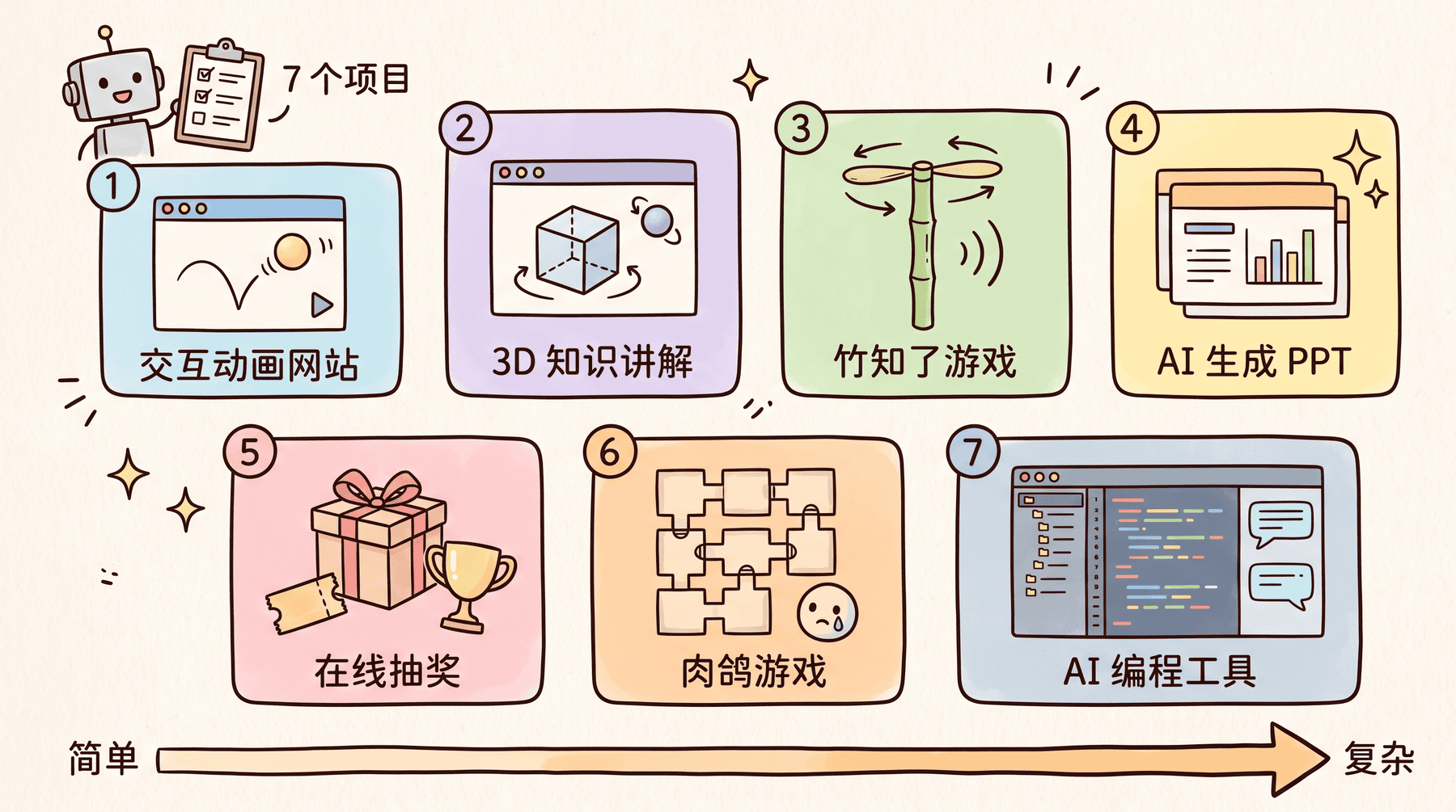 7 个测评项目汇总图（由浅入深）
