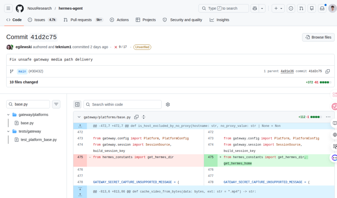 GitHub 提交截图：Fix unsafe gateway media path delivery