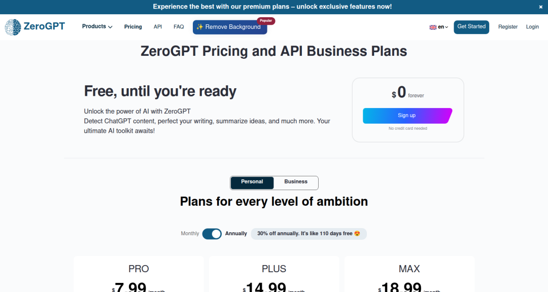 ZeroGPT 订阅价格