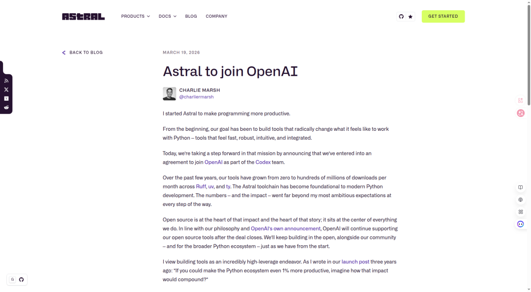 Astral 创始人 Charlie Marsh 博客公告