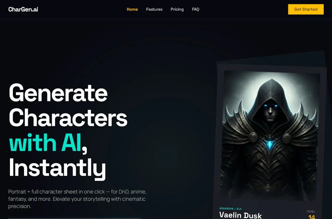Stitch 生成的 Hero 区:Generate Characters with AI, Instantly