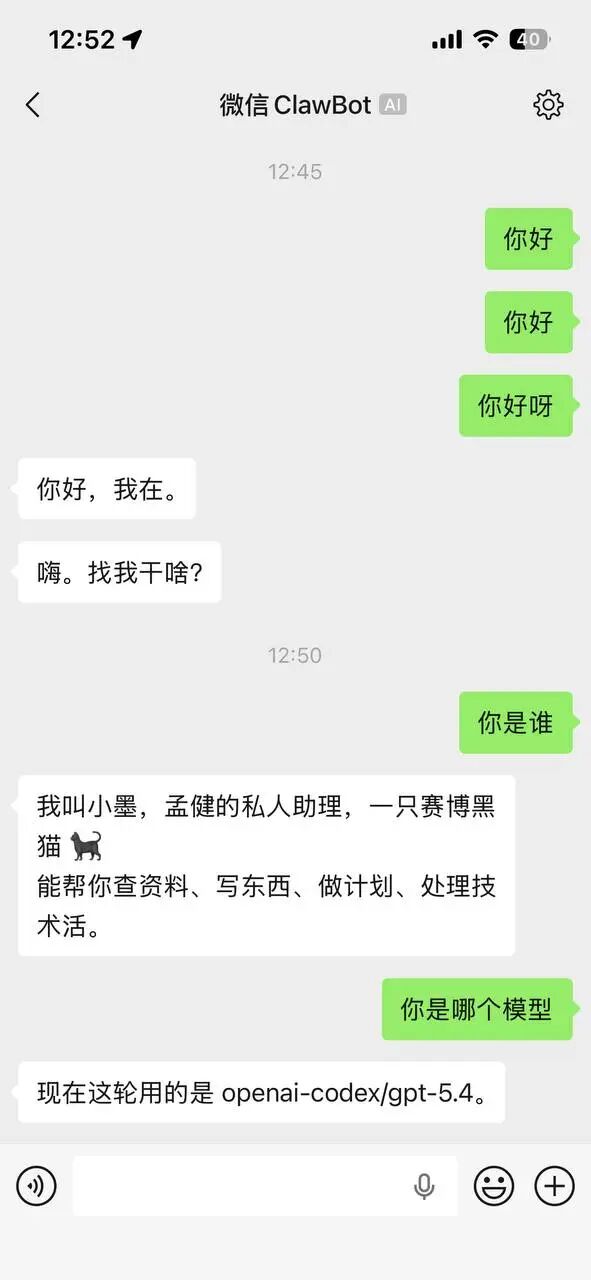 微信 ClawBot 对话界面:问