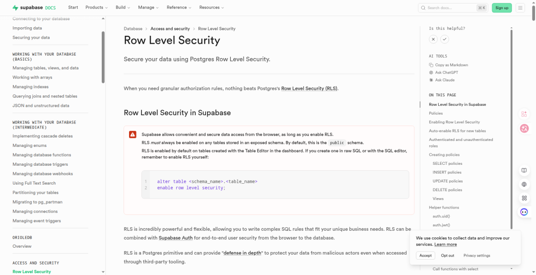Supabase RLS 文档:Row-Level Security 需要手动启用