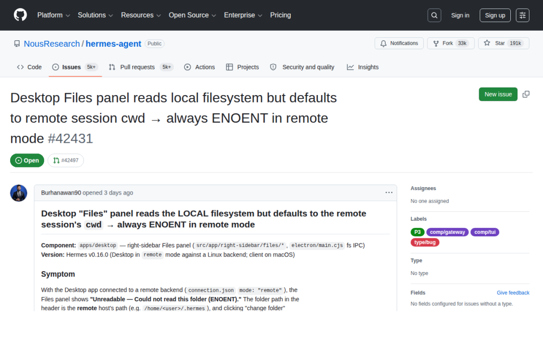 GitHub issue #42431：远程模式 Files panel 远程路径与本地读取混用