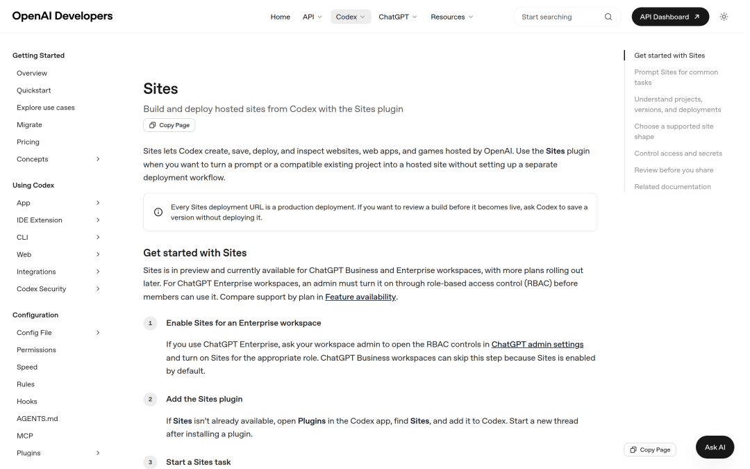 OpenAI Codex Sites 文档 — Sites 定义、preview、Business/Enterprise、生产部署提醒