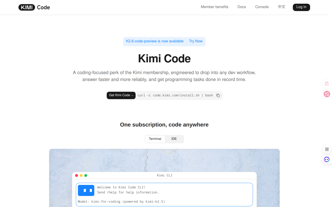 Kimi Code 官网：K2.6-code-preview is now available