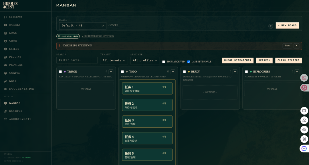 Hermes Dashboard 里的 Kanban 看板