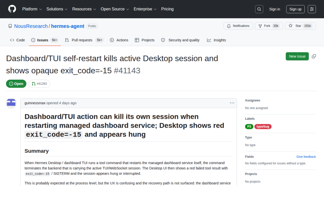 GitHub issue #41143：dashboard/TUI restart 杀掉 active Desktop session