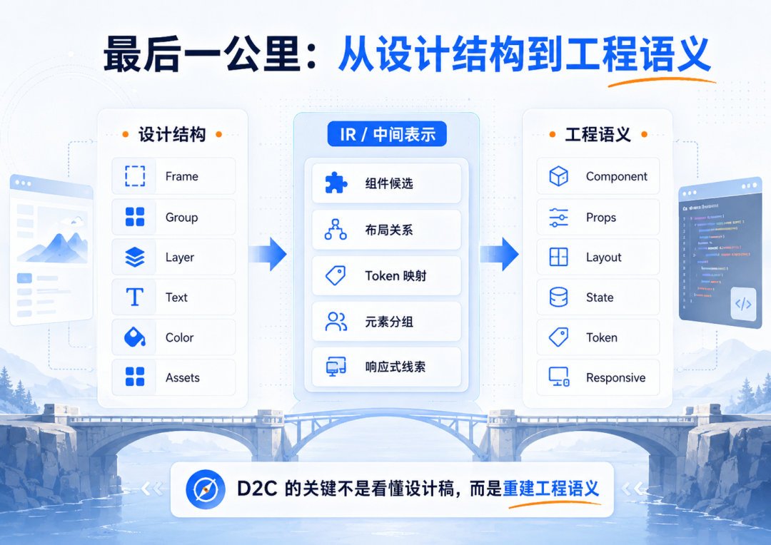 图：D2C 的最后一公里，是把 Figma 中的设计结构，经由 IR / 中间表示，翻译成前端工程语义