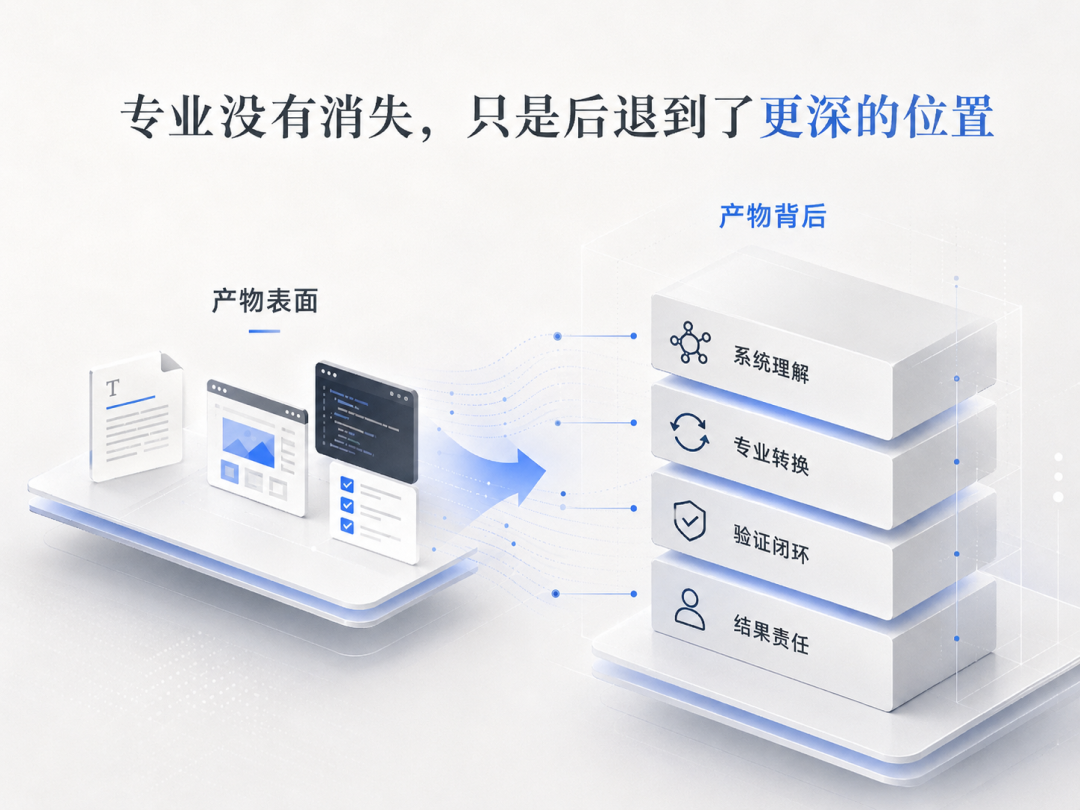 图 3|AI 压低了产物生成门槛,但真正的专业能力,并没有消失,而是后退到了系统理解、专业转换、验证闭环与结果责任这些更深的位置