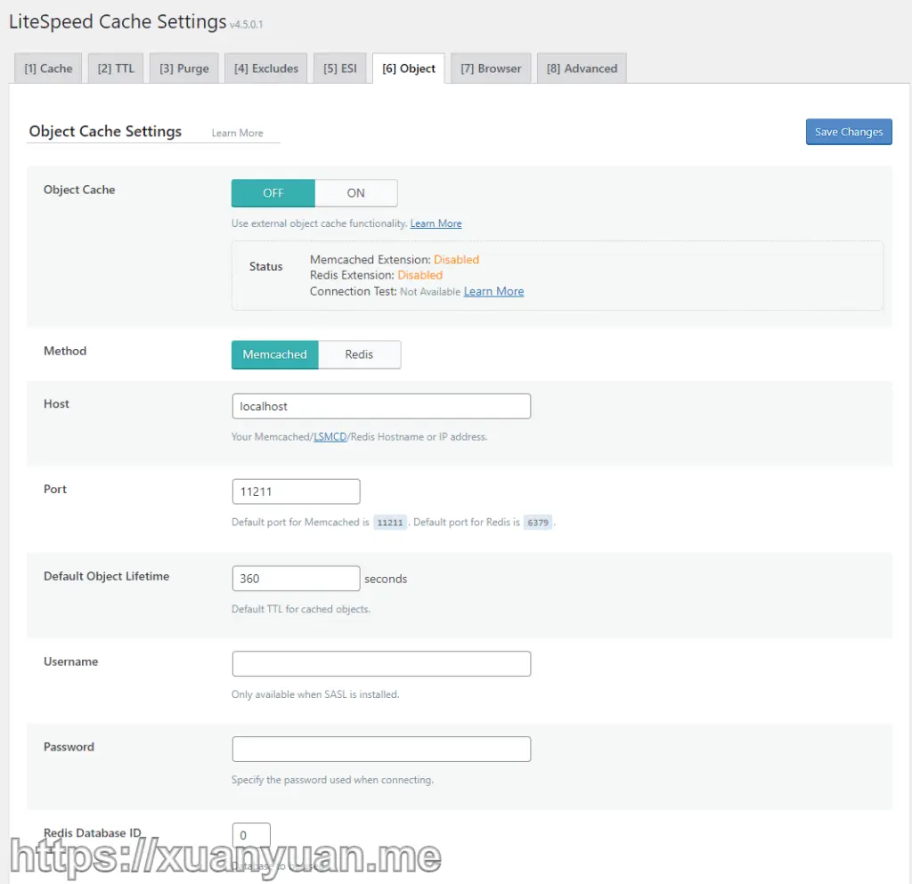 LiteSpeed Cache Object Cache Settings