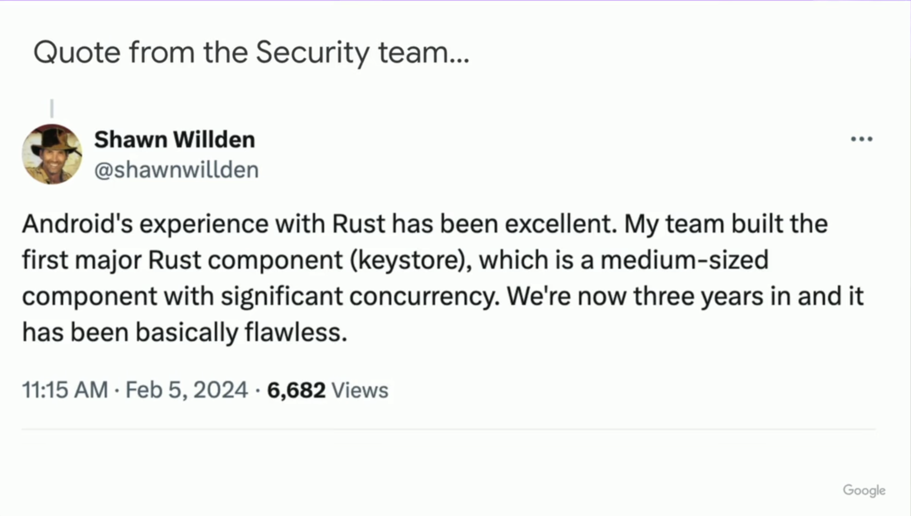 图6 谷歌的安全团队已经用Rust把我们的Keystore搞得稳如磐石了，这个系统得应付高并发需求，已经开发了3年，现在基本无懈可击哦