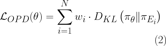 \mathcal{L}_{OPD}(\theta) = \sum_{i=1}^{N} w_i \cdot D_{KL}\left(\pi_\theta \| \pi_{E_i}\right) \tag{2}