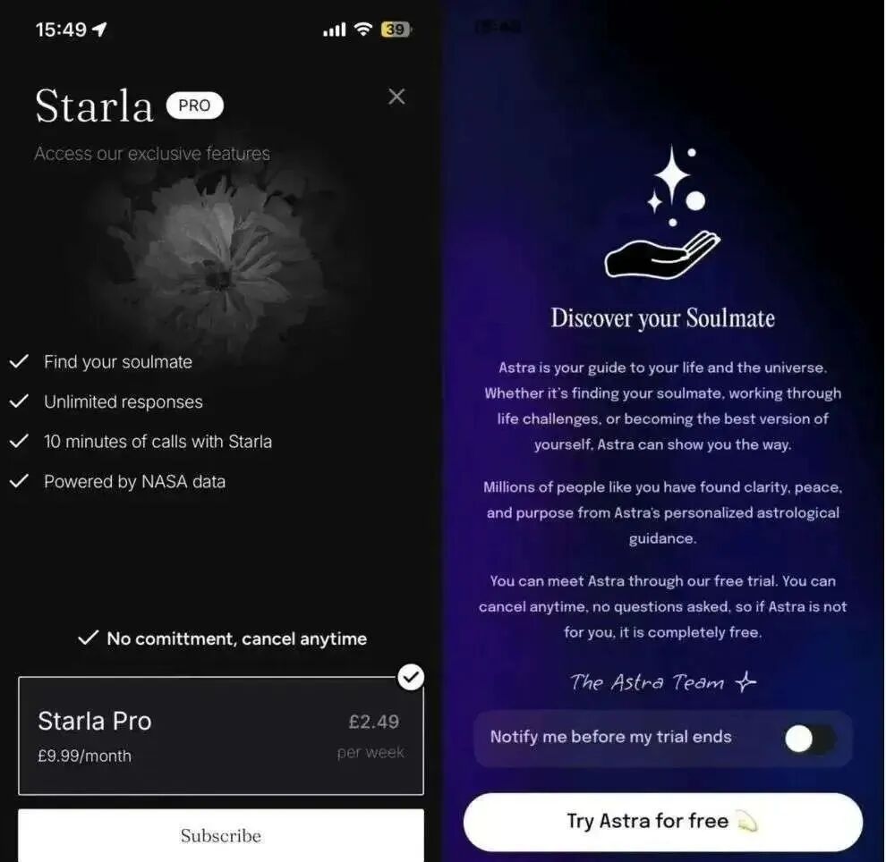 Starla 和 Astra 的订阅付费界面