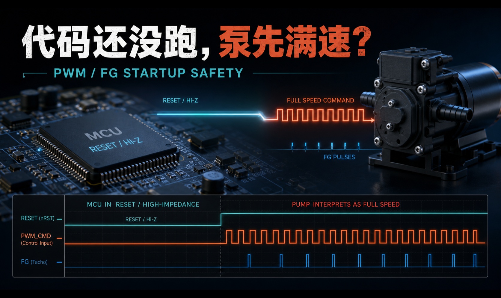 AI 写泵驱动，代码还没跑为何先满速？PWM 上电安全态与 FG 超时保护