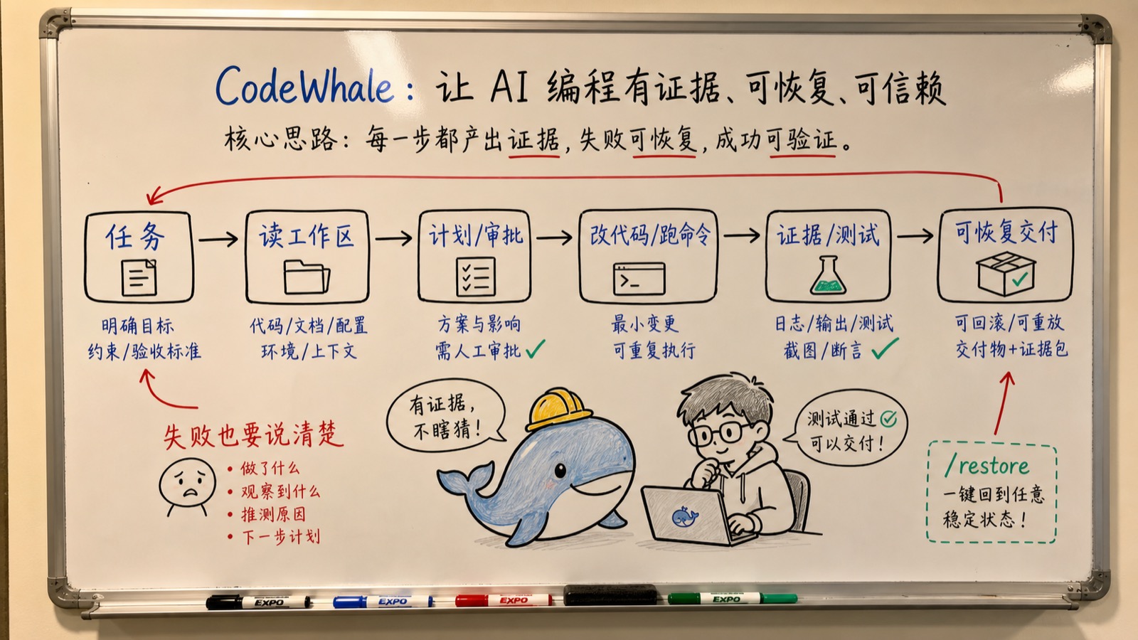 CodeWhale 趣味创作白板：从任务到证据、测试和可恢复交付