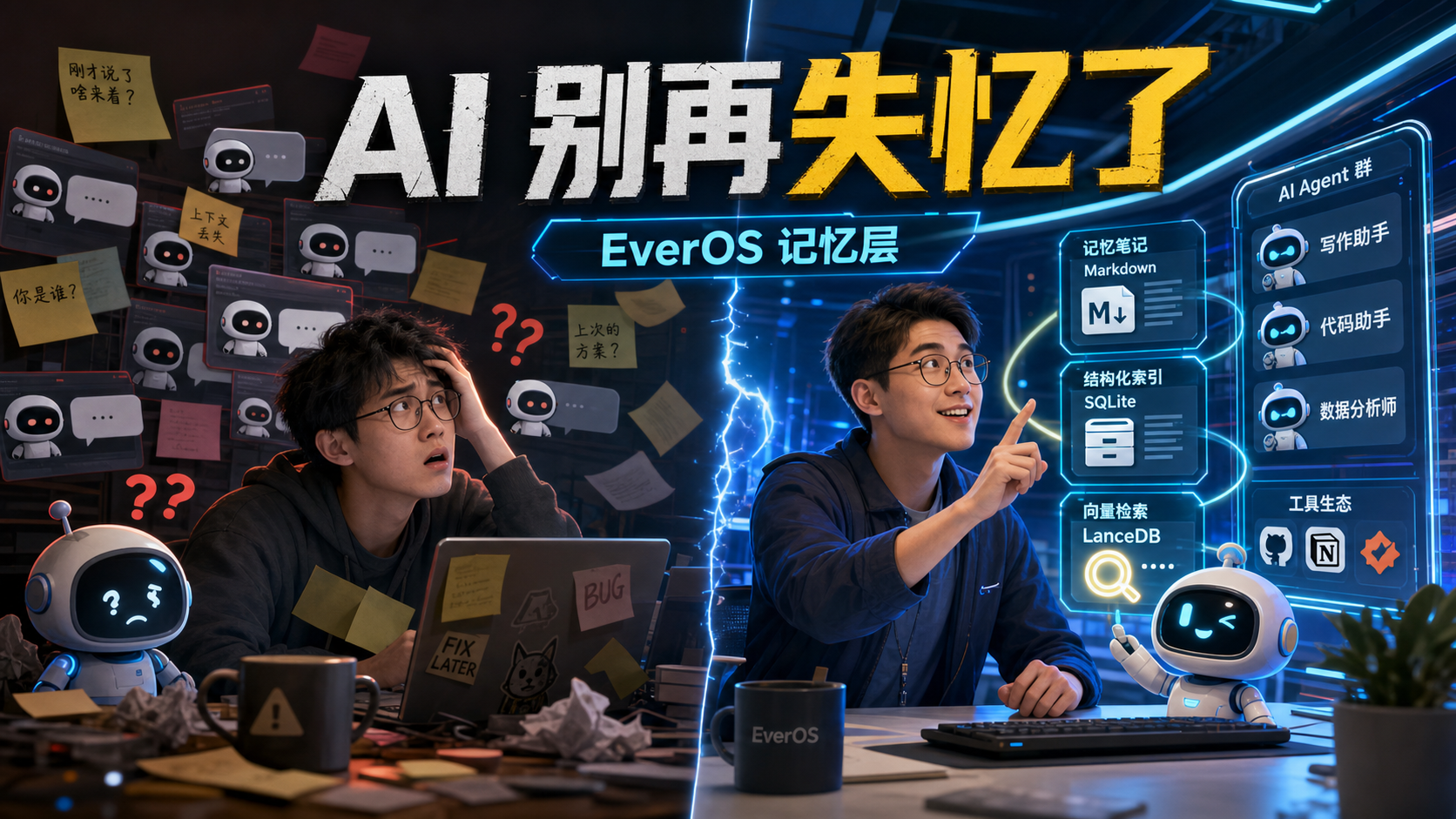 场景创作封面：AI 失忆与 EverOS 记忆层