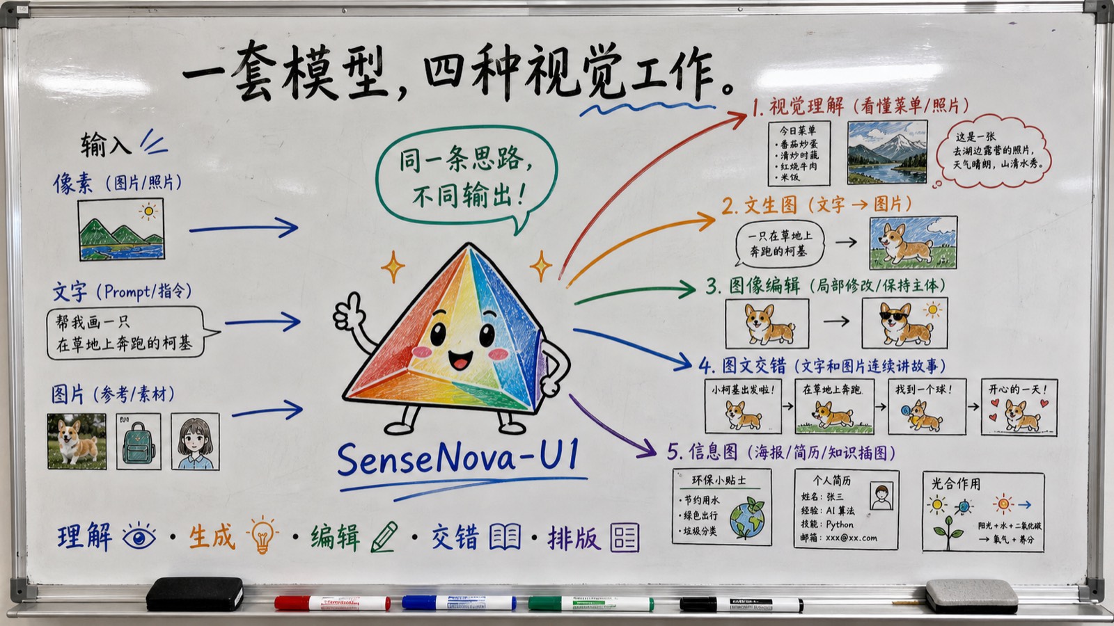 趣味创作白板图：SenseNova-U1 从输入到视觉理解、文生图、编辑、图文交错和信息图