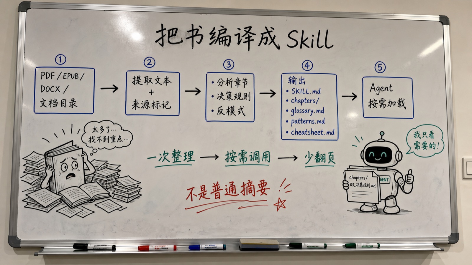 book-to-skill 知识编译趣味白板:从资料到按需加载的 Skill