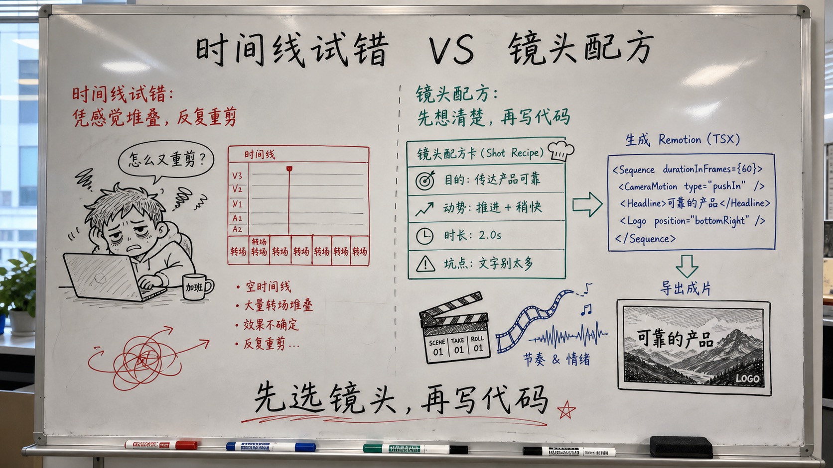 趣味场景白板解释：从时间线试错转向镜头配方