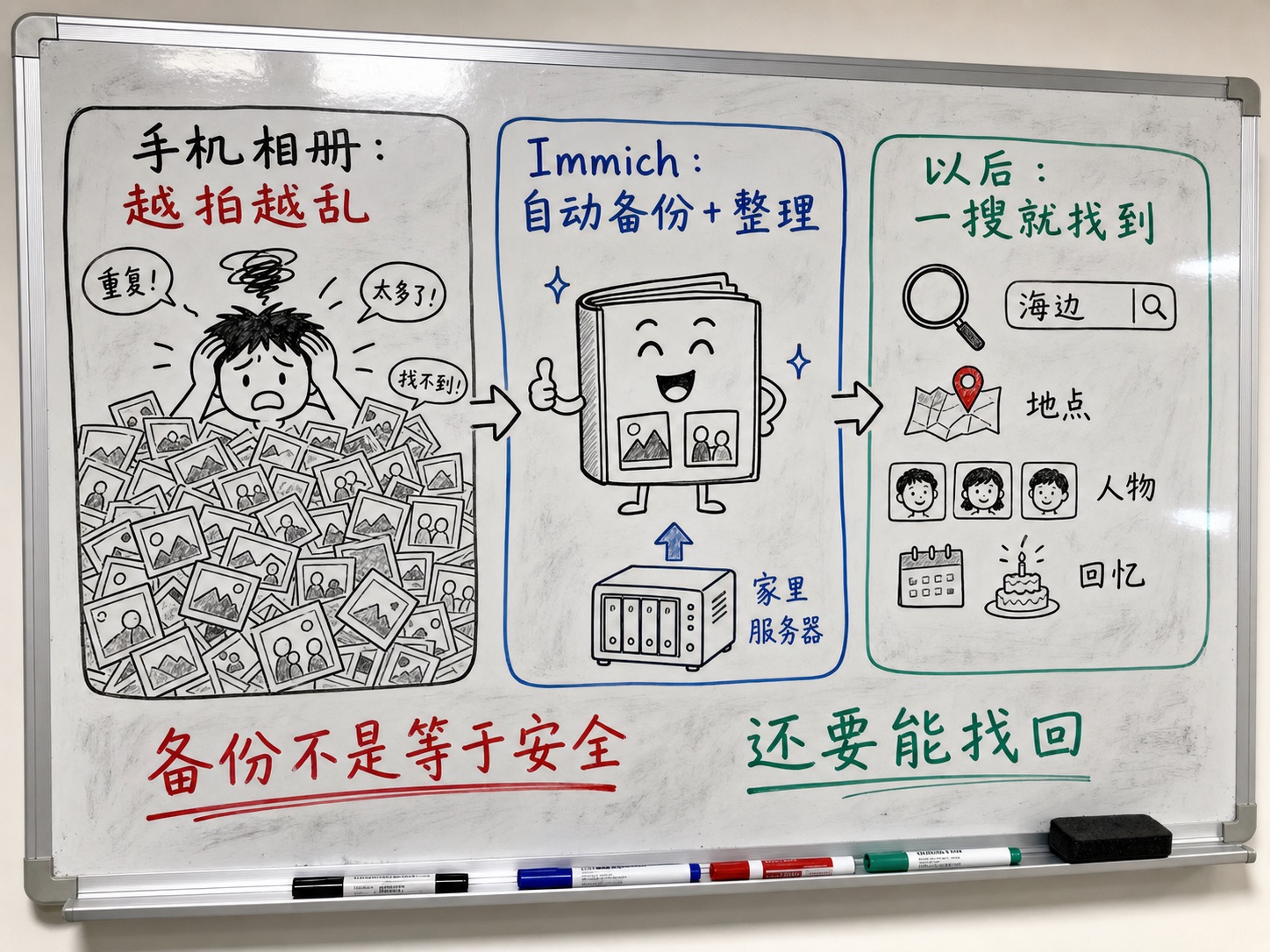 白板手绘创作图：Immich 从照片堆到私人记忆库