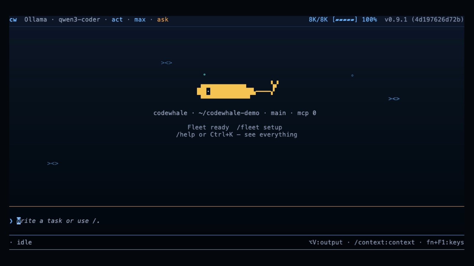 CodeWhale 官方截图：终端 TUI 与 Fleet