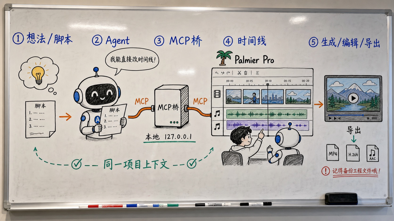 白板流程图:Palmier Pro、Agent 与 MCP 的协作闭环