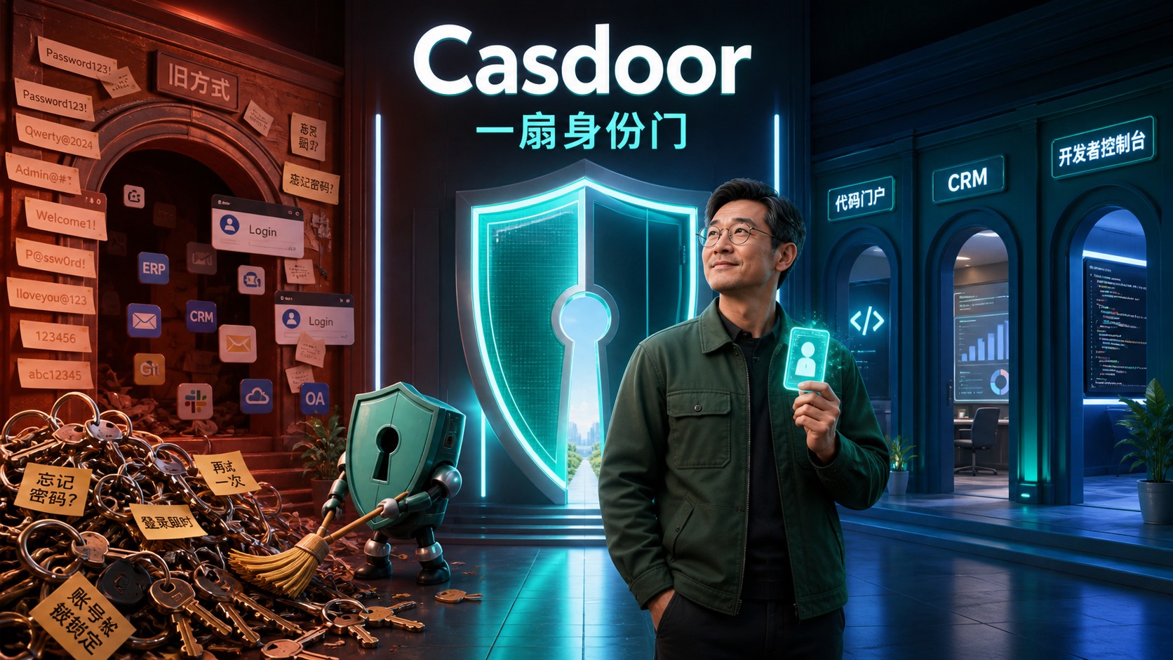 Casdoor 趣味创作场景封面：散落钥匙与统一身份门