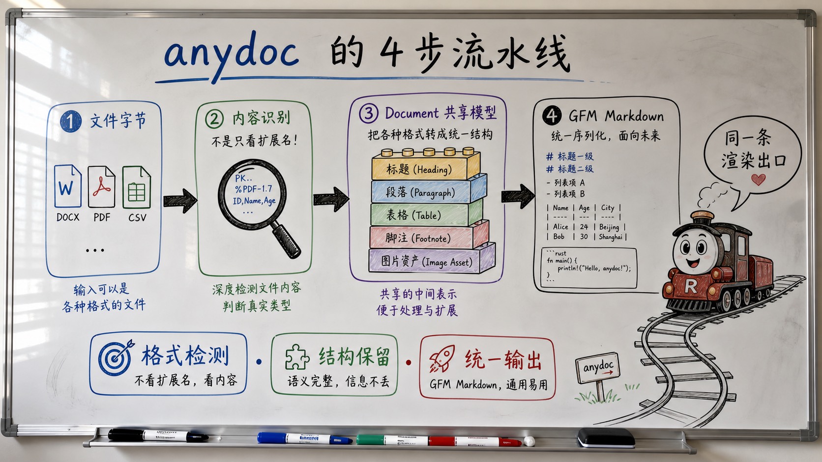 趣味创作白板图：anydoc 从文件字节到 GFM Markdown 的四步流水线