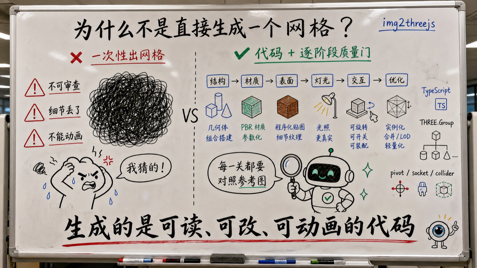img2threejs 趣味创作白板：一次性网格 vs 代码质量门
