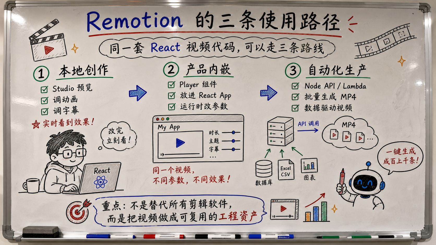 流程图：Remotion 的三条使用路径