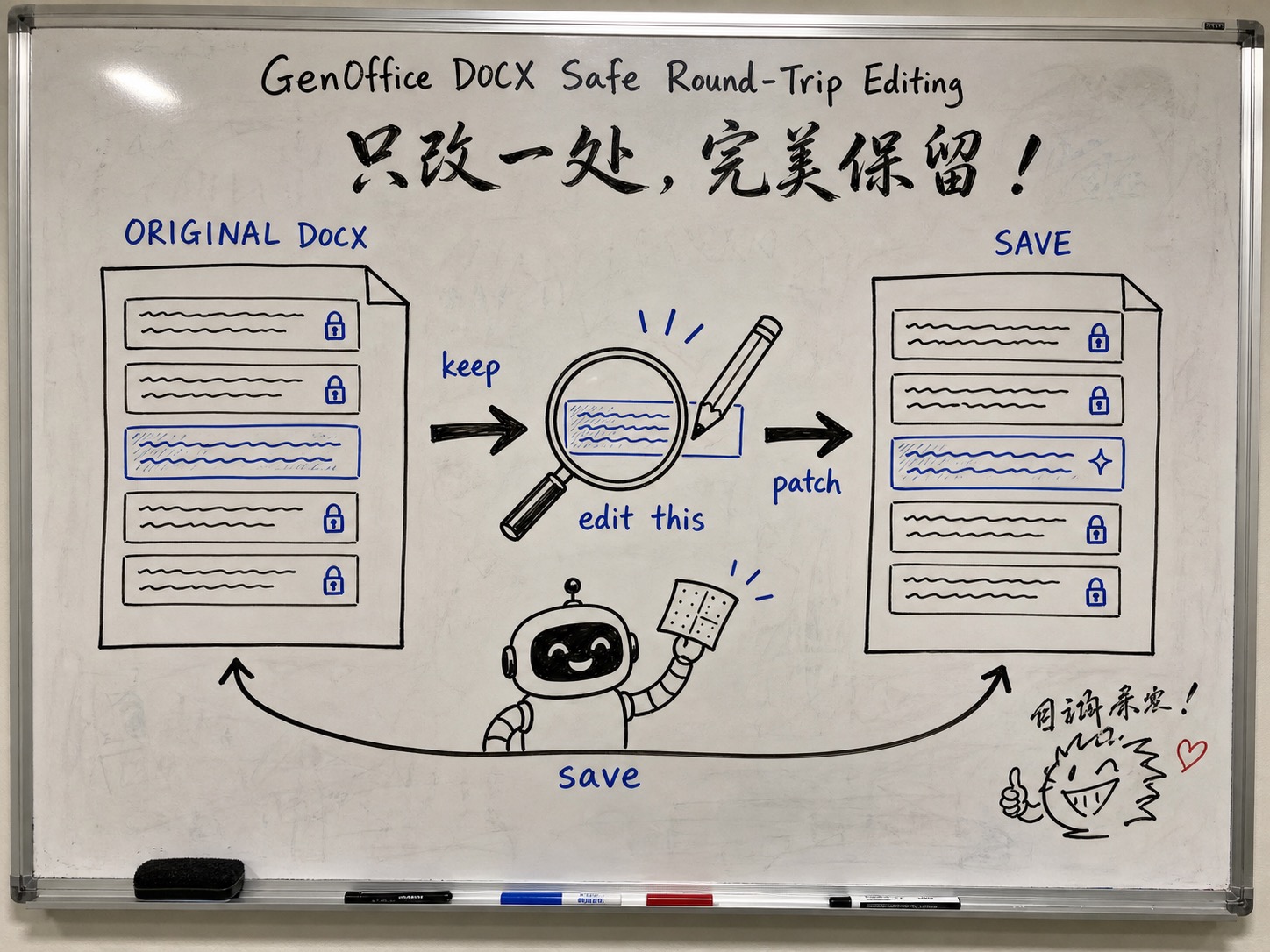 GenOffice DOCX 保真保存白板：只改一个段落，其他保持不动