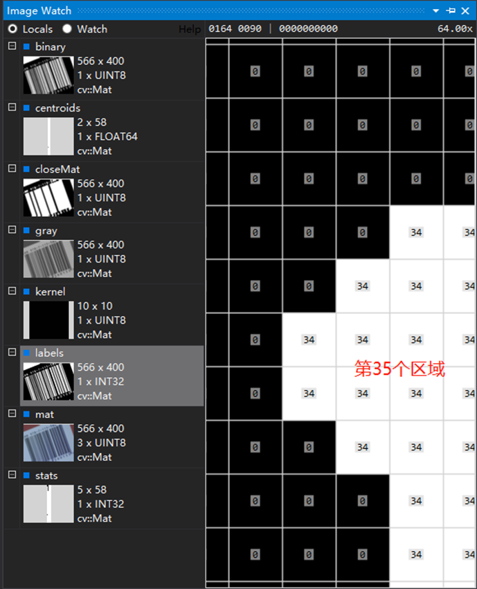 OpenCV connectedComponentsWithStats 标签图示意：每个连通域被赋予独立标签编号