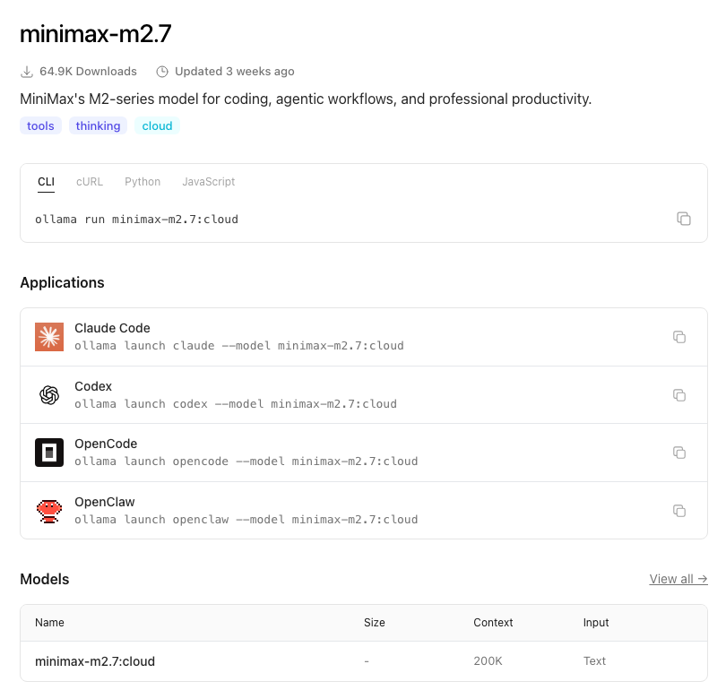 Ollama 支持 MiniMax M2.7