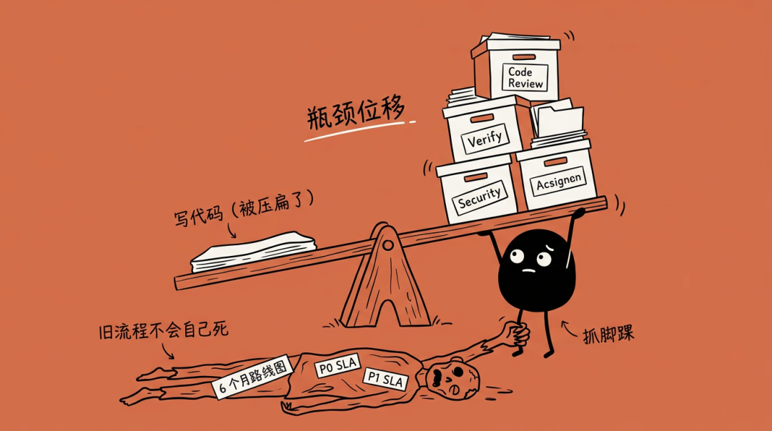 写代码被压扁，Review/Verify/Security 堆成山，旧流程僵尸还在抓脚踝
