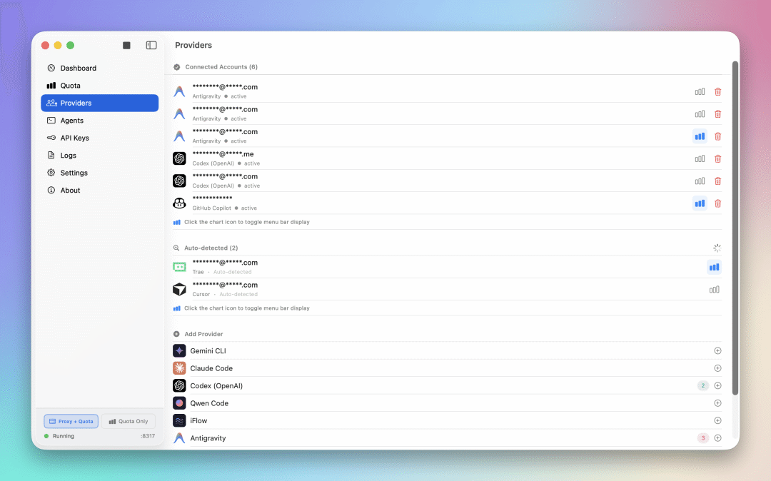 Provider 管理界面：支持主流 AI 服务商