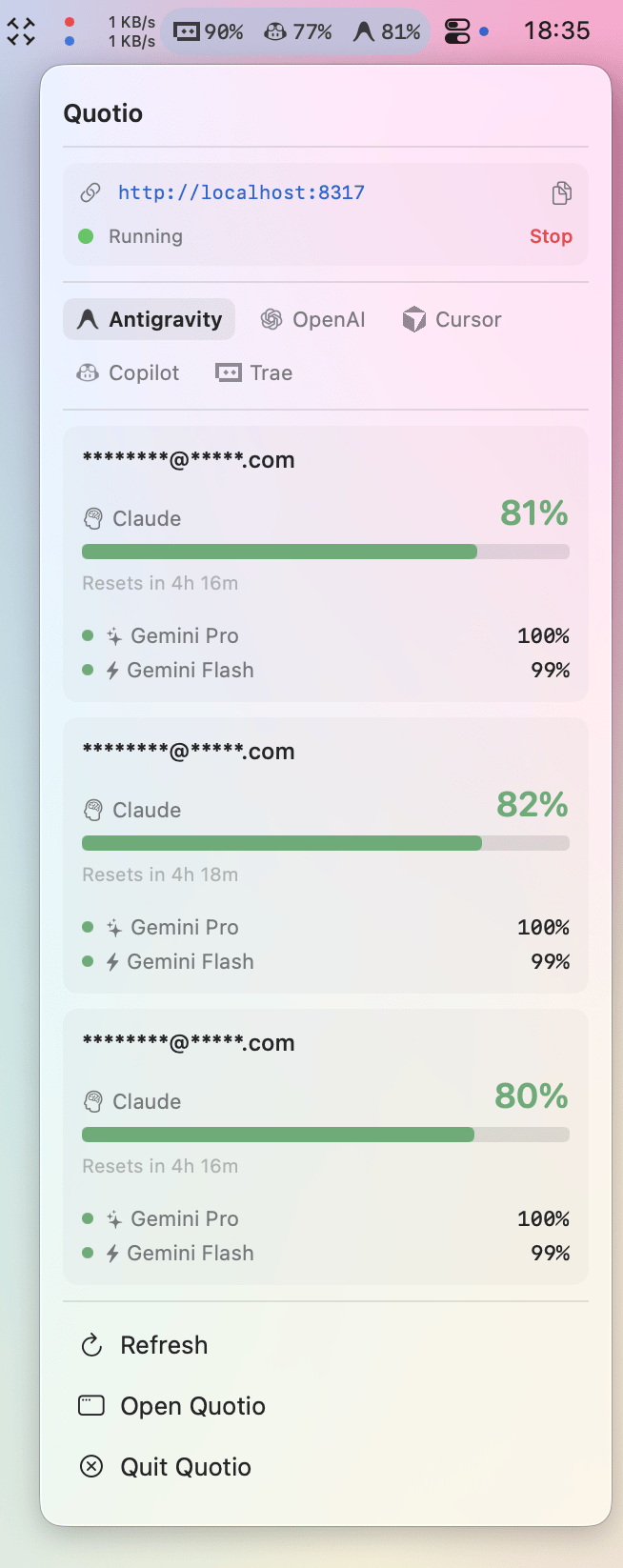 Quotio 菜单栏界面：一眼看清所有账号配额状态