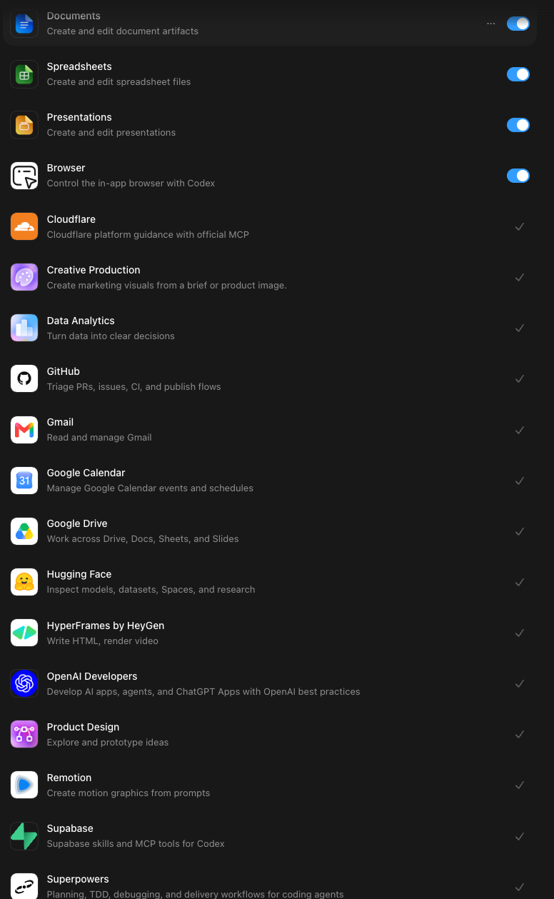 Codex 插件列表截图