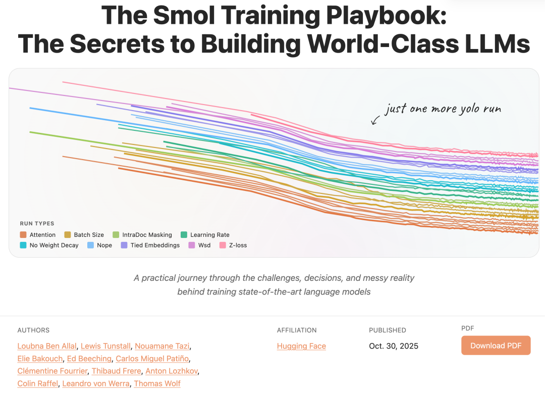《构建世界级语言模型的实战指南：先进语言模型训练背后的挑战、决策与现实》：https://huggingface.co/spaces/HuggingFaceTB/smol-training-playbook#introduction