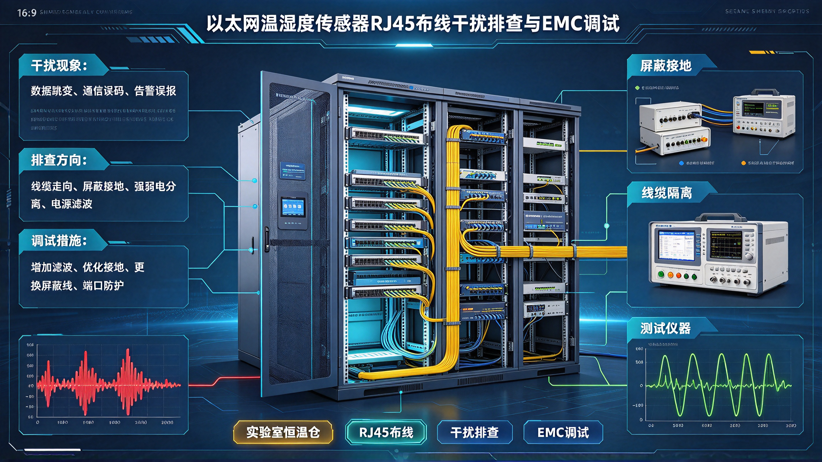 实验室恒温仓监控：以太网温湿度传感器RJ45布线干扰排查与EMC调试