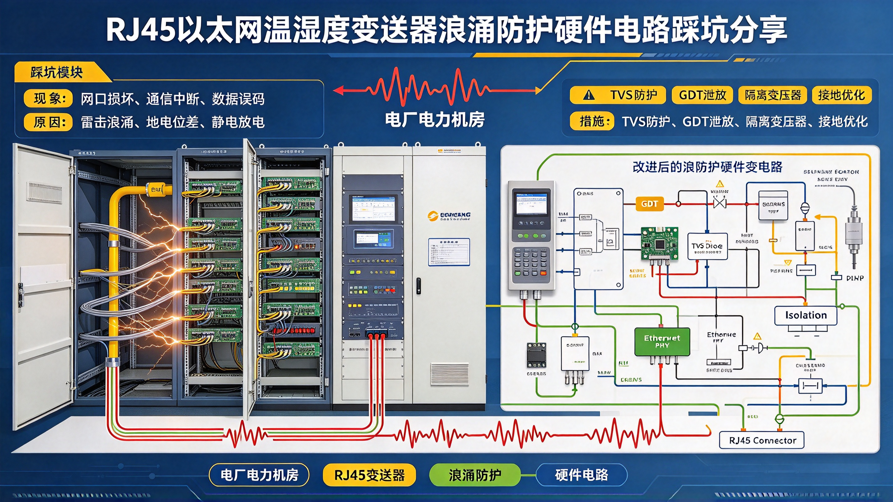 电厂电力机房：RJ45以太网温湿度变送器浪涌防护硬件电路踩坑分享