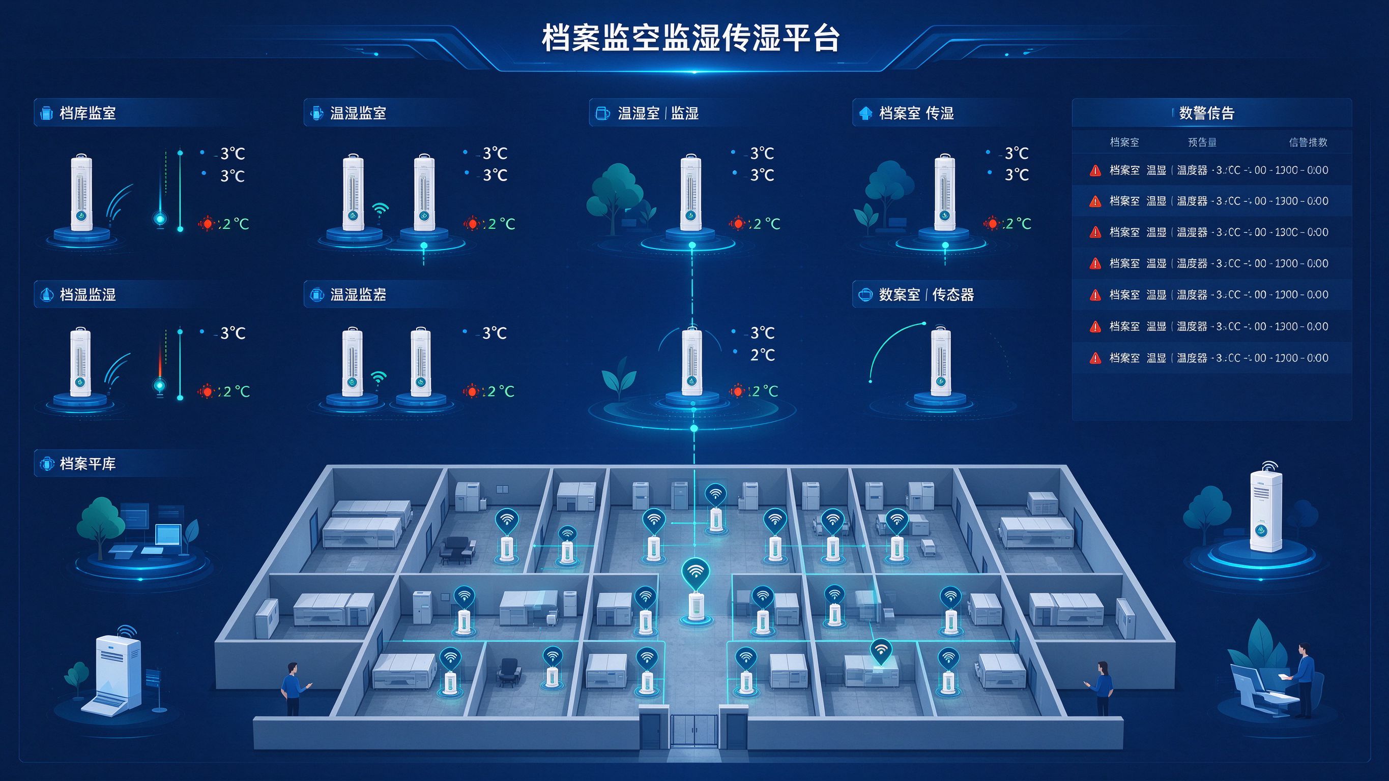 档案库房温湿度传感器组网平台大屏总览