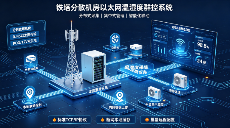 铁塔分散机房站点群控以太网温湿度远程集中监控系统解决方案