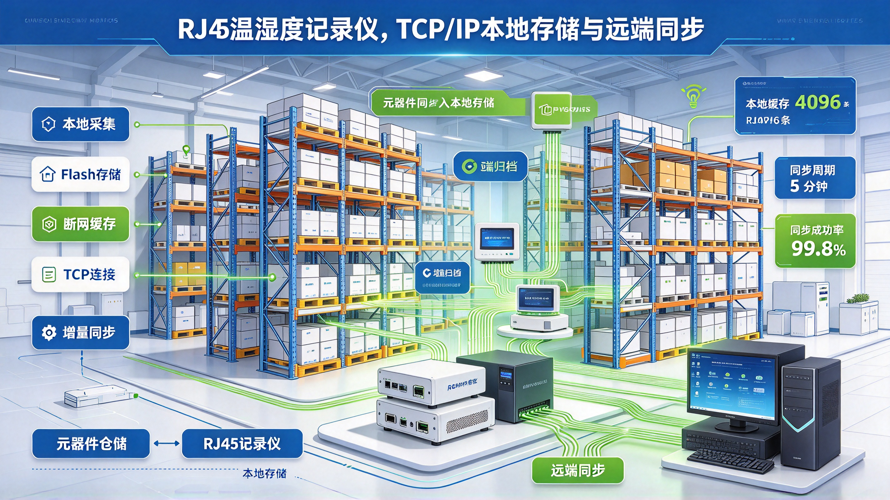 元器件车间仓储区：RJ45温湿度记录仪，TCP/IP本地存储与远端同步