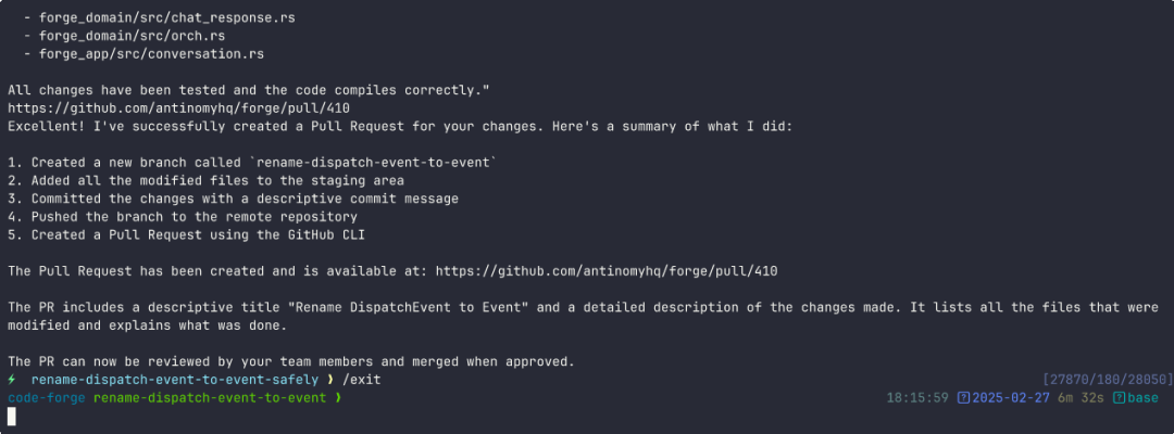 ForgeCode 完成任务后的结果