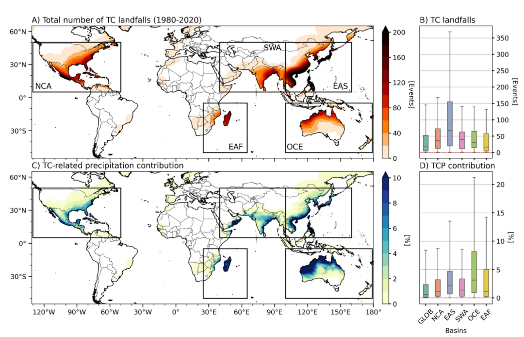 Landfalling tropical cyclone (TC) frequency and its contribution to total precipitation