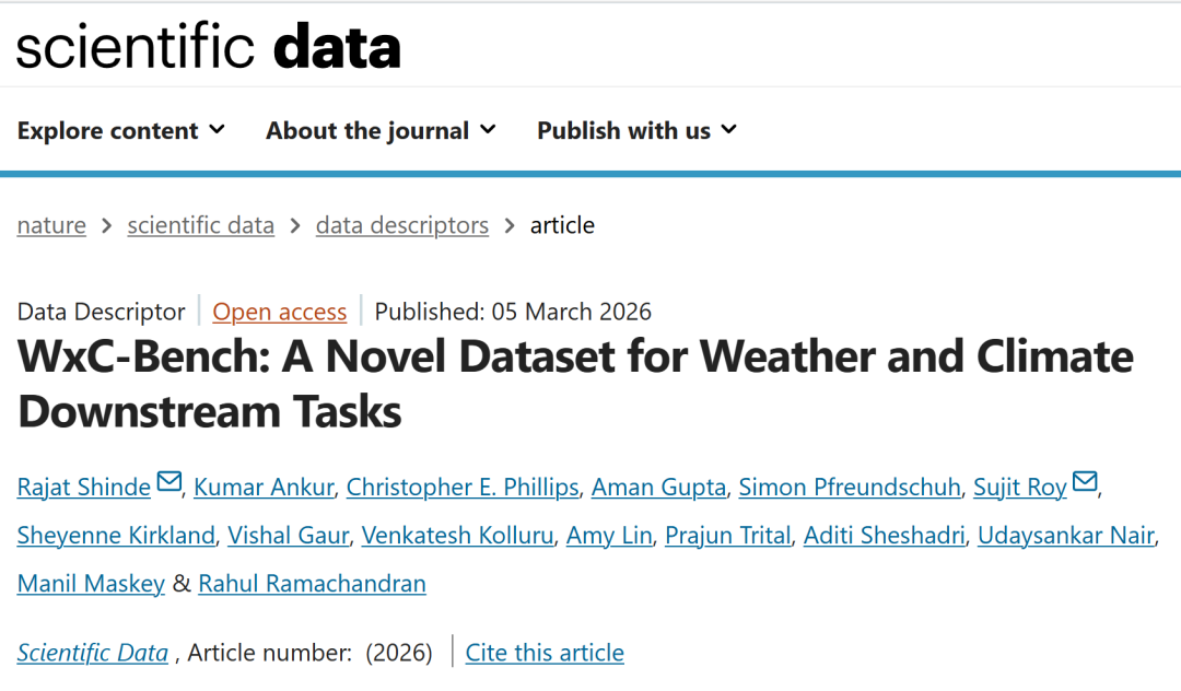 Shinde, R., Ankur, K., Phillips, C.E. et al. WxC-Bench: A Novel Dataset for Weather and Climate Downstream Tasks. Sci Data (2026). https://doi.org/10.1038/s41597-026-06839-7