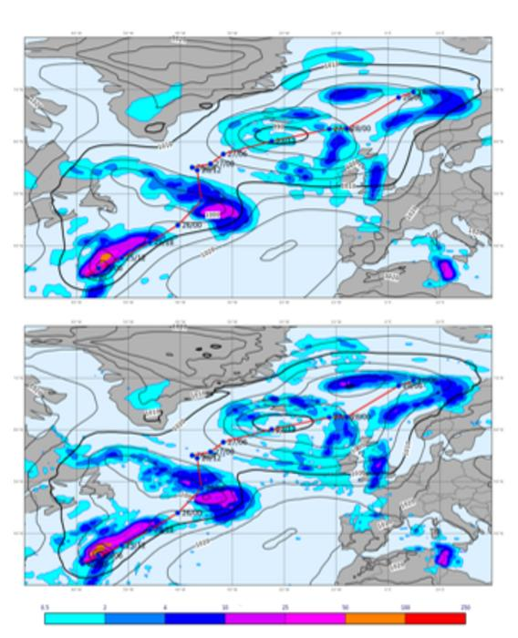 上图展示了2016年9月一场风暴事件的OpenIFS预报结果,水平网格间距为78公里;下图展示了当时ECMWF业务预报系统的结果,采用9公里网格。等值线表示平均海平面气压(单位:hPa),彩色阴影表示6小时累计降水量(单位:mm)。