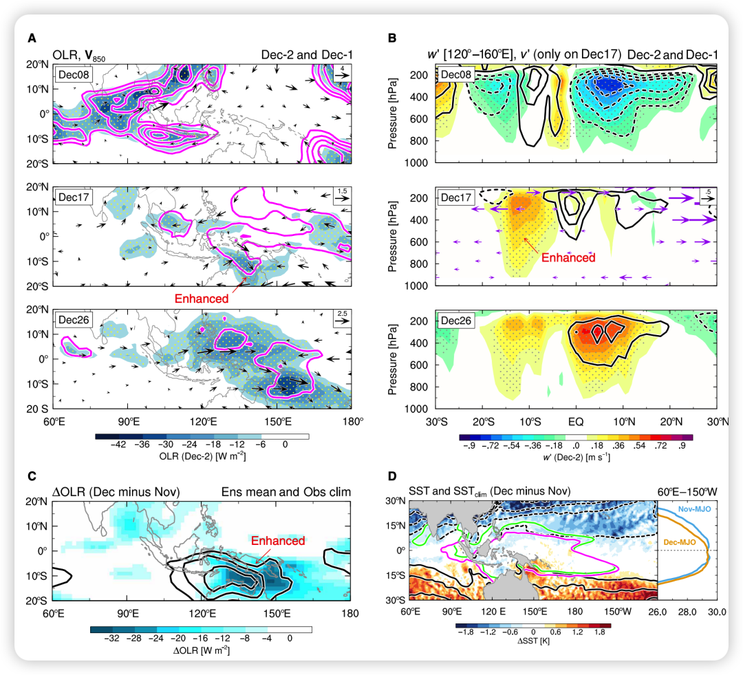 Fig. 2. Time evolution of the MJO propagation regimes in December and background effects on it.