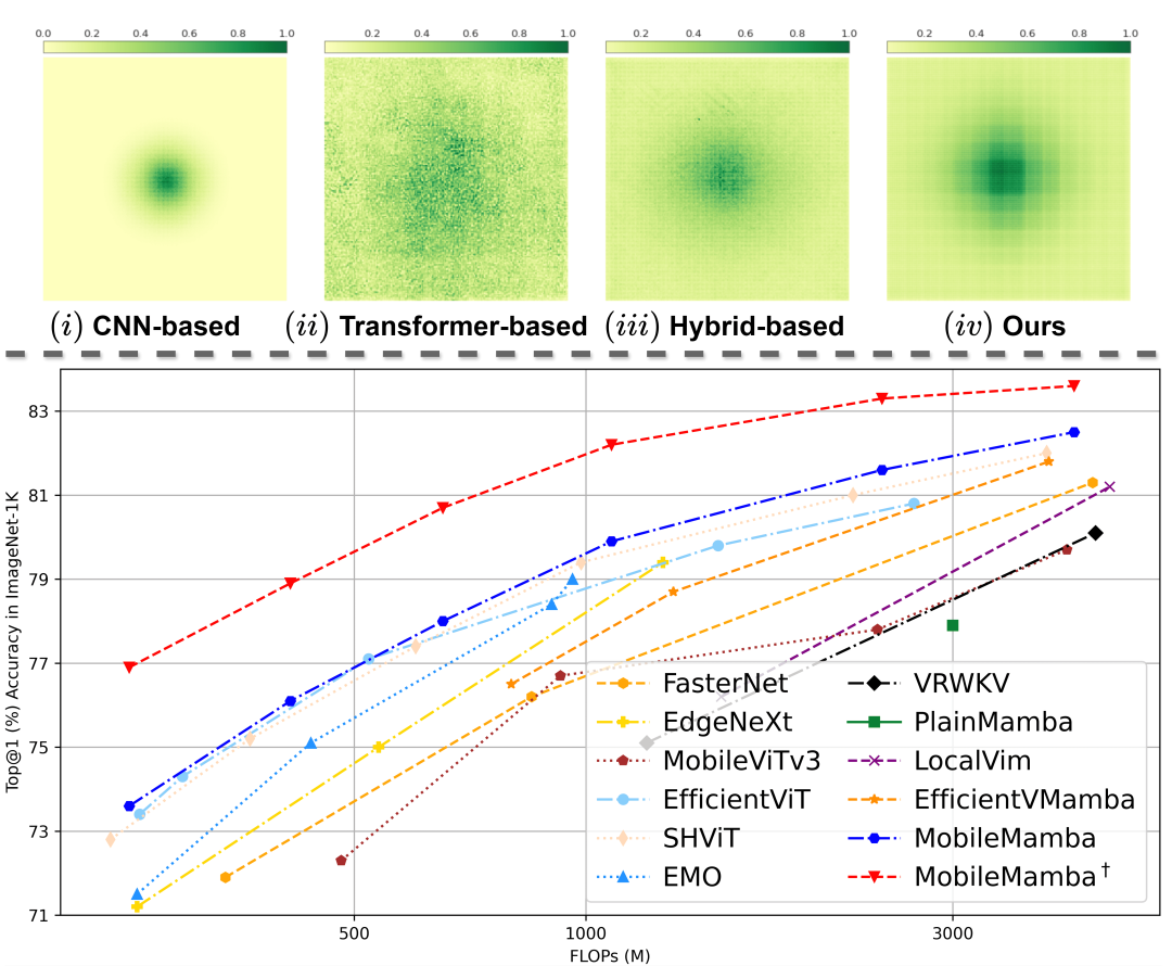 图1 顶部：不同结构下有效感受野ERF的可视化图像；底部：最近基于CNN/Transformer/Mamba方法的效果 vs. FLOPs对比。